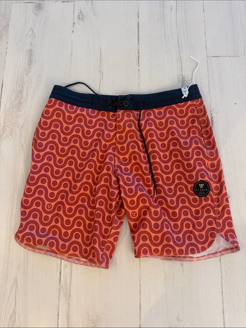 VISSLA Orange and Red Wave-Pattern Board Shorts